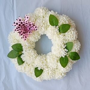 Elegant White Floral Wreath with Leaves Pink Pot dot Brown Bow Handcrafted